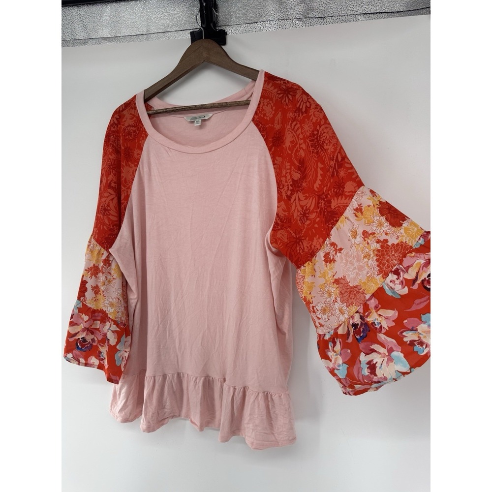 Pioneer Woman Patchwork Pink Print Tiered Bell Sleeve Boho Festival 3X Ruffle - Picture 3 of 9